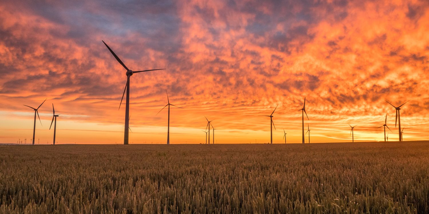 Umwelt AG Windräder auf einem Feld im roten Sonneuntergang
